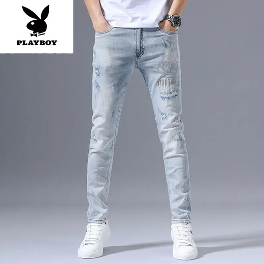 花花公子（PLAYBOY）夏季弹力牛仔裤男士破洞刺绣潮流修身小脚浅色百搭长裤子新品 浅蓝色3890皇冠破洞裤 36 【建议165-180斤】
