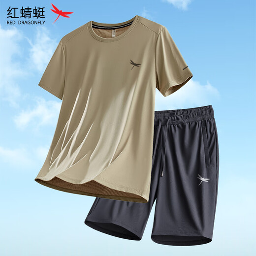 红蜻蜓冰丝短袖T恤短裤两件套男夏季中老年爸爸速干运动休闲套装 1HQTLJ9905YH+FZ8866YH军灰 M