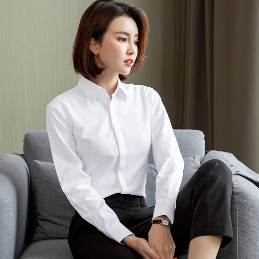 LA海澜之家（HLA）同款）春季女士长袖衬衫韩版修身暗门襟白色衬衣 15604蓝色斜纹V领 38