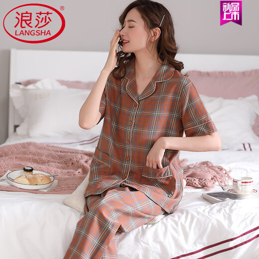 浪莎（LangSha）睡衣夏季女士纯棉短袖长裤夏季红色格子中年妈妈大码家居服 FTX-9923 M -建议80-95斤
