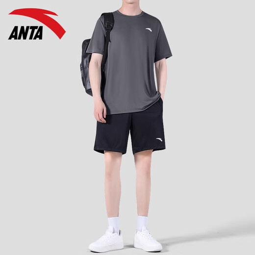 
Anta (ANTA) sports suit men's summer loose breathable short-sleeved T-shirt for five-quarter pants ice silk quick-drying clothes running fitness casual clothes - 3 bean gray/basic black (top + shorts) L/175