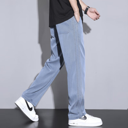 以纯冰丝牛仔裤男士夏季薄款宽松直筒阔腿裤男夏天潮牌冰丝休闲长裤子 1048蓝色 M