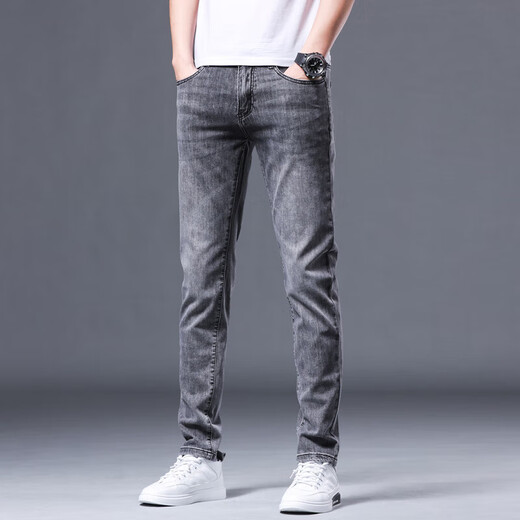 Lilang High-End Hong Kong Sommer Rauch grau Jeans Männer schlanke Füße Trendy Brand Elastizität Casual Hosen koreanischer Stil Trend BML1049 Rauchgrau 28