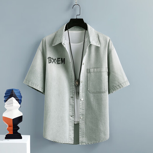 Woodpecker (TUCANO) summer denim short-sleeved shirt for men casual loose gradient work jacket thin five-point half-sleeved versatile shirt 10738-T698 black XL (about 130-150Jin [Jin equals 0.5 kg] wearable)