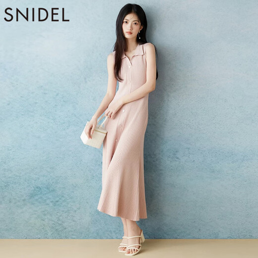 SNIDEL2025春夏新品优雅翻领收腰罗纹针织鱼尾连衣裙SWNO252056 薄荷绿 均码 (F)