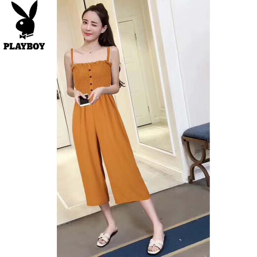 花花公子;PLAYBOY2025夏季韩版木耳边抹胸修身显瘦阔腿裤吊带连体裤女学生休闲裤子 黑色 S 建议70-85斤穿