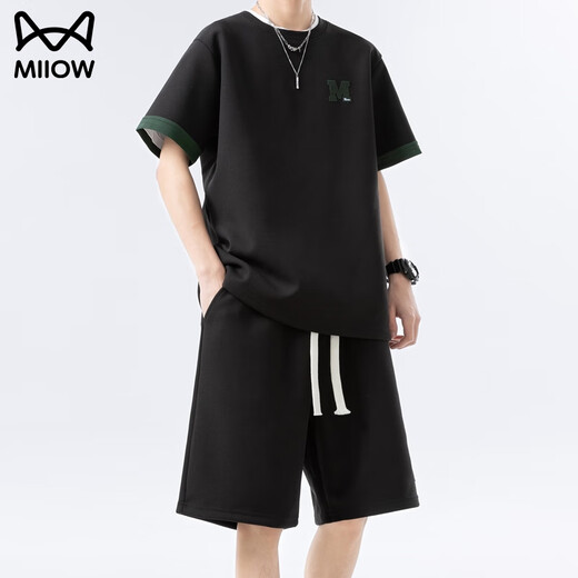 
Catman ice silk casual suit men's cool quick-drying handsome thin loose sports teen shorts shorts two-piece 6677 apricot color XL