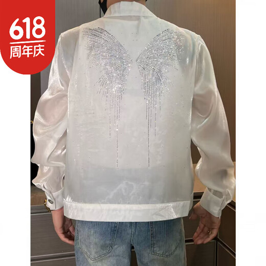 郡纬琛哥男装-外套1047男士高品质蝴蝶水钻珠光防晒夹克外套 白色 M _130斤以下