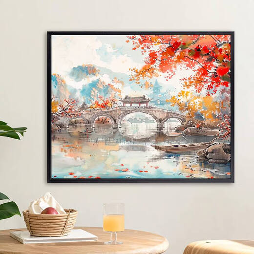 山头林村中式山水风景数字油画diy手绘画画填色感丙烯油彩涂色填充画 X9737 4560油画套餐+精品外框四色可选