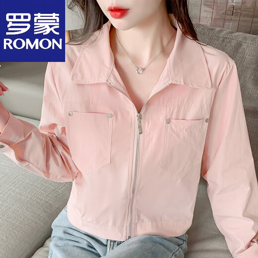 罗蒙（ROMON）2025春夏季新款短款宽松百搭轻薄外套开衫防晒上衣夹克长袖防晒衫 粉红色 S 【建议80-100斤】