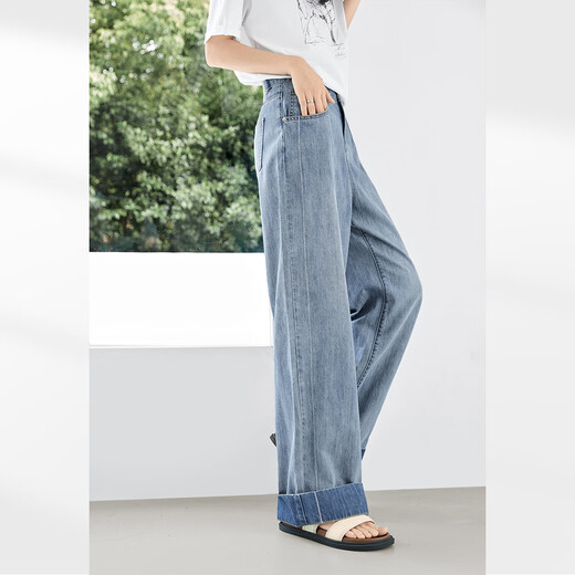 Diálogo Jeans perezoso y relajado con patas anchas para mujeres 2025 Summer Nuevo diseño de estilo Flip pantalones rectos sueltos azul 27
