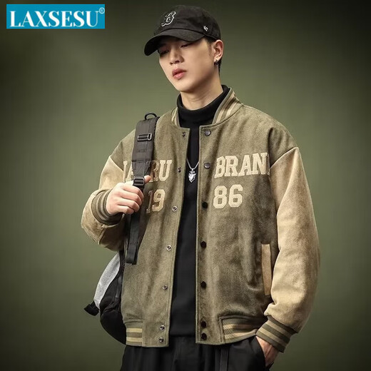
LAXSESU handsome high street baseball uniform jacket ins trendy clothes spring and autumn loose plus size fat bomber jacket boys green-A160 XL