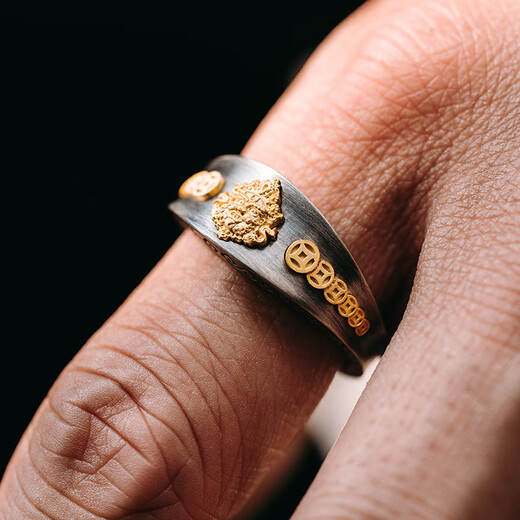 Mingyang Decoration Sea 925 sterling silver 3D yellow God of Wealth ring men's high-end retro original design national trend index finger ring US size 11# (suitable for Hong Kong sizes 25-26)