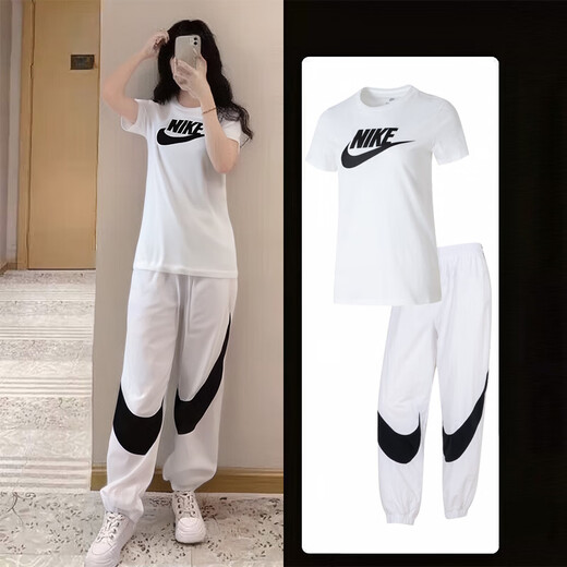 Nike (NIKE) sports suit women's 25 summer new style comfortable and breathable printed pink short-sleeved T-shirt casual trousers two-piece set DV6095+ white mesh lining pants pants too big XL