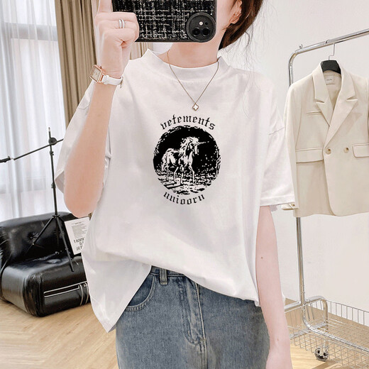 霜汐高领短袖女高级感宽松中袖百搭显瘦T恤2025新款夏季时尚时髦 白色【1278-蓝】 S 适合90-110斤