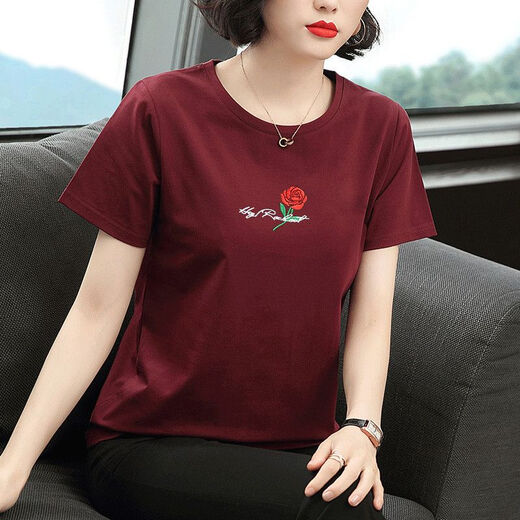 索宛亦（SUOWANYI）中年妈妈短袖T恤衫女夏天宽松大码黑色圆领套头老太太遮肚子夏装 6628#(短)袖浅灰色玫瑰 M