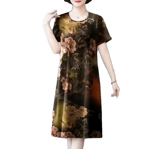 
Apocalypse Century summer middle-aged and elderly mothers wear ice silk dresses with large size loose short sleeves covering belly high-end mid-length skirts to reduce age 7027# red M [recommended 100Jin [Jin equals 0.5 kg]]