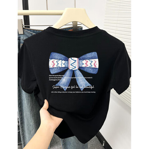[100% pure cotton] front shoulder short-sleeved T-shirt women's 2025 new ins fashion and fashionable and versatile age-reducing top XY white gray-blue bow letter S (recommended 85Jin [Jin equals 0.5 kg])
