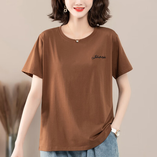 T-shirt en coton pur en coton pur de la marque HKZN Brand pour femmes à manches courtes et à manches courtes et à la taille des vêtements pour femmes de taille pour les personnes moyennes et les personnes âgées couleurs marron noires KSP-9896 L adapté à 100-115jin [Jin est égal à 0,5 kg]