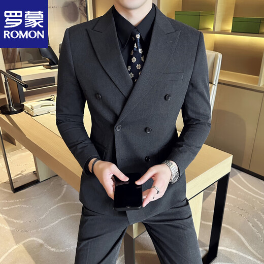 ROMON wide collar peak lapel suit business formal three-piece suit double slit wedding groom suit men's slim dark gray suit + vest + trousers two buttons L