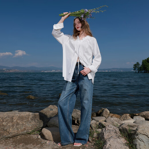 Three Color 2025 Autumn New V-neck Shirt Wood Ear-Large Loose Shirt Simple M Milk White S 155/80A