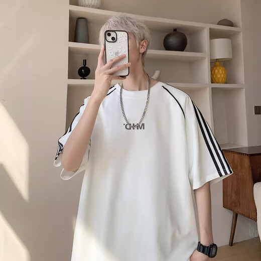 
POUM American striped sports T-shirt men's summer short-sleeved trendy brand high street handsome half-sleeved teen loose casual top CQS-1504 gray M