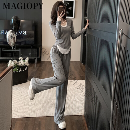 MAGIOPY国际奢侈高档品牌松弛感休闲运动套装女秋季款修身灰色假两件长袖 灰色 S(100斤以内)