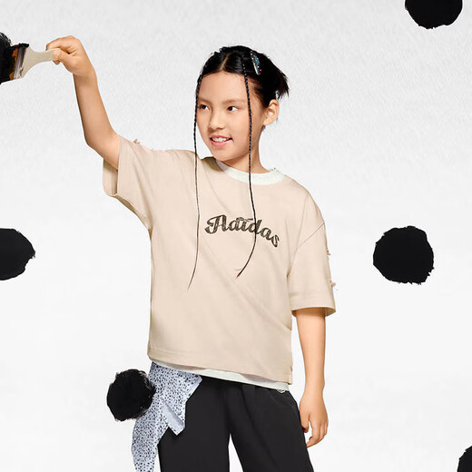 阿迪达斯 （adidas）童装女童T恤25夏季101斑点狗联名款缀蝴蝶结中大童纯棉短袖KG6625 KG6626 奇迹石英色 130 （吊牌128）
