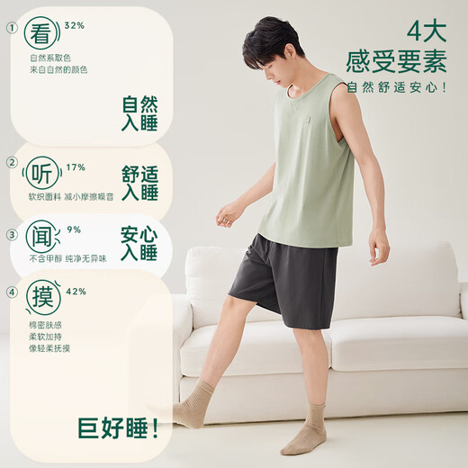 Anzhiban JuhaoSleep Couple Pajamas Summer Elastic Cotton Loose Solid Color Vest Shorts Men's and Women's Home Clothes Set Grass Green Male 2XL