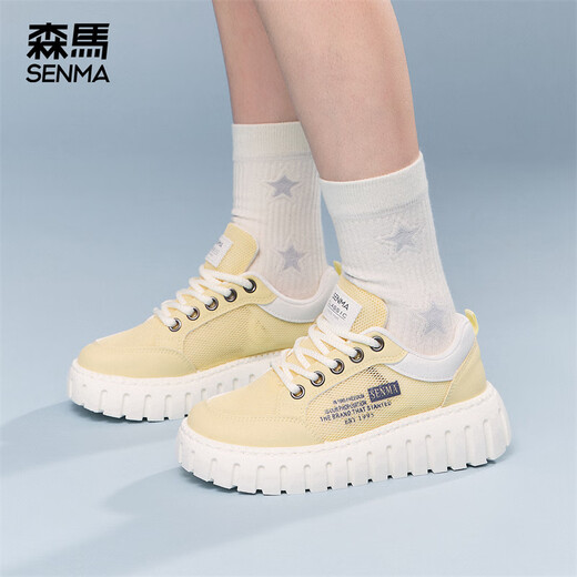 森馬网面鞋女鞋休闲鞋低帮板鞋2025新款夏季百搭增高运动鞋透气小白鞋 米黄色 37