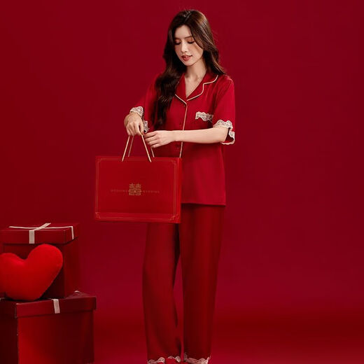 
Langsha couple pajamas for women in spring and autumn styles for marriage and new marriage year red ice silk long sleeve men's home clothes gift box set 1098 men embroidered women small yellow flowers (gift box) one size male L+ female M