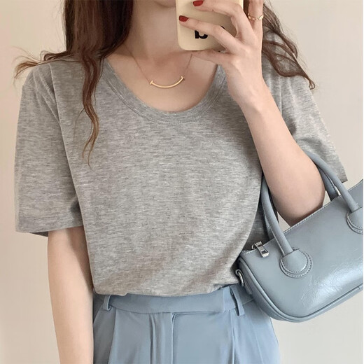 Ran Yilan's same solid color versatile round neck short-sleeved T-shirt for women in summer new loose and slim fashionable casual bottoming cotton shirt 6172 gray S