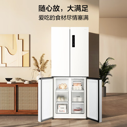 TCL 409 liter cross-fold four-door white refrigerator, one-stage frequency conversion, ion sterilization and deodorization, air-cooling, frost-free, 33 decibel bass, household refrigerator, trade-in R409V3-U, ivory white