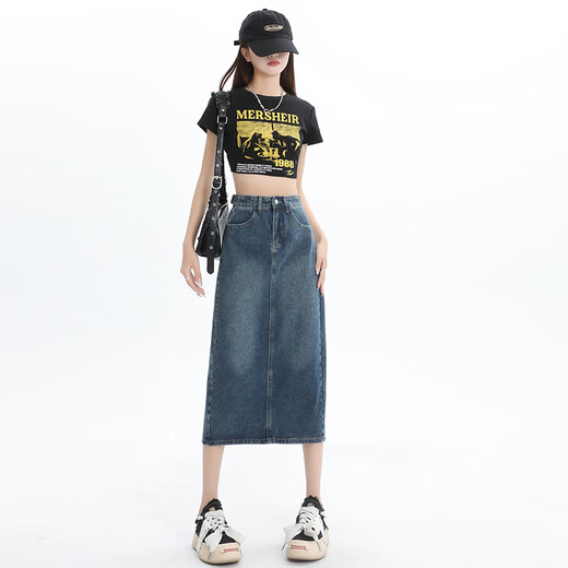 真维斯牛仔半身裙女2025夏季新款高腰显瘦开叉a字中长款复古包臀裙子女 3878复古蓝 M