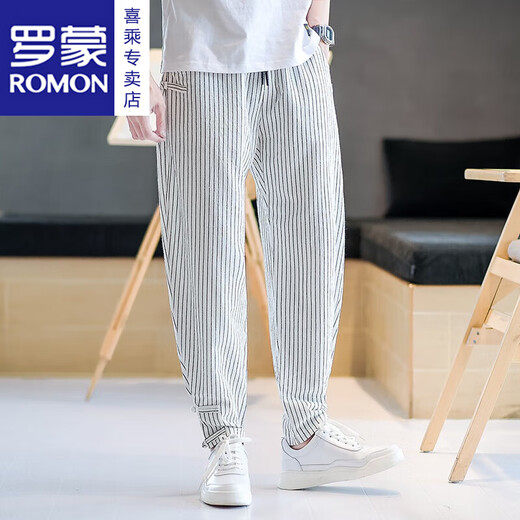 ROMON (ROMON) pants for men's summer fashion brand national trend sports trousers tied feet Harren striped men's pants casual pants linen cropped pants white 2XL 140-155Jin [Jin equals 0.5 kg]