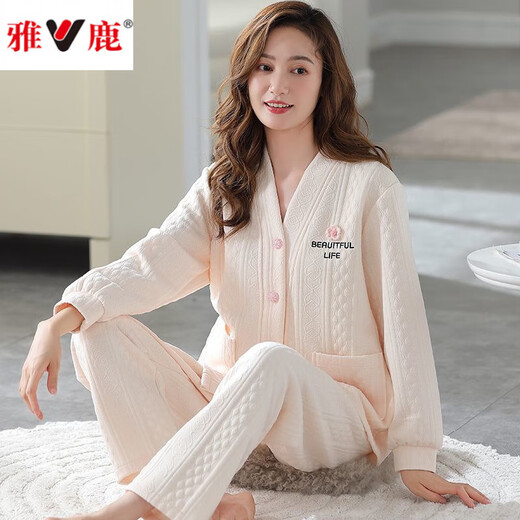雅鹿女秋冬季纯.棉薄款夹棉2025年新款夹层空气棉家居服可外穿套装 XP4859 L码【100-120斤】
