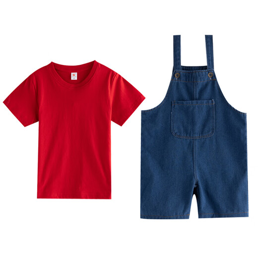 Kaikaijia children's performance clothing kindergarten cos Mary Mario overalls suit boys and girls performance clothing children red short-sleeved + denim short overalls free socks of the same color 100cm suitable for heights below 90cm