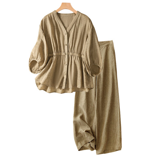 皮尔卡丹（pierre cardin）高端亚麻棉麻套装女士妈妈夏装大码时尚洋气苎麻上衣阔腿裤两件套 马3FC063#6621卡其色上衣 M 【建议95-115斤】
