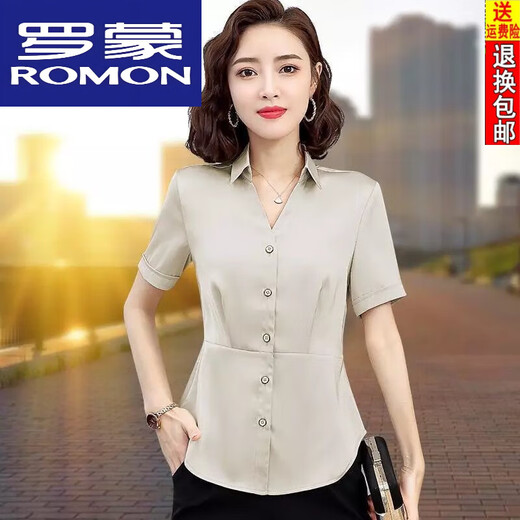 Romon kurzärmeligte Seidenhemd für Frauen 25 Sommerstil Taille Hugging Slimming Shirt Temperament Professionelles Temperament Vielseitige altersreduzierende Top 898 Black Short.Sleeved 2xL 125/135