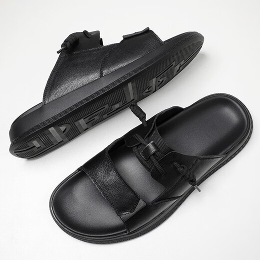 DIFANPU INTERNATIONAL LUXURY MANSA Men's Shoes High-End Men's Outer Wear Slippers versátiles Versátiles de desgaste de ropa resistente a la playa Flip-Flops de cuero Negro [Caja de regalo de marca] 41