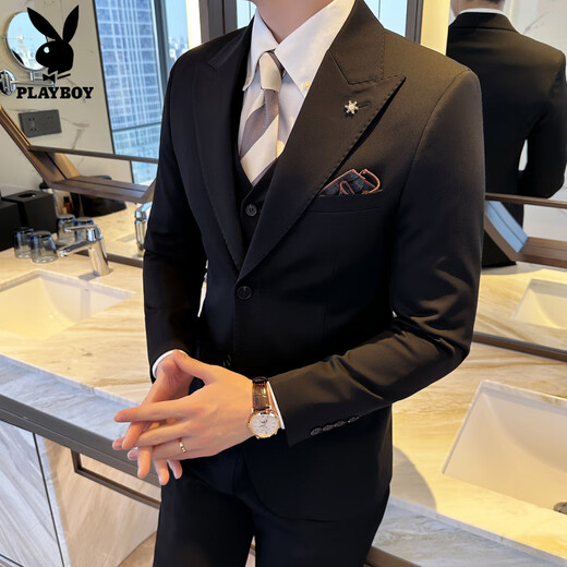 Playboy (PLAYBOY) lapel collar two-button suit men's suit business casual solid color Korean version slim fit groom's wedding suit three-piece medium gray suit + trousers + vest XL (125-140Jin Jin equals 0.5 kg)