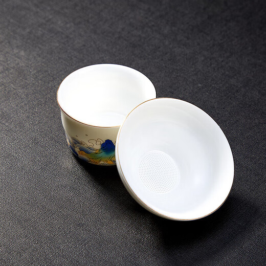 Xianjuren high-end gold silk enamel complete set of Kung Fu tea set thin body mutton fat jade white porcelain tureen tea cup set light luxury gift box Haiwen Crane Tea Ceremony Gift Pack 15 pieces