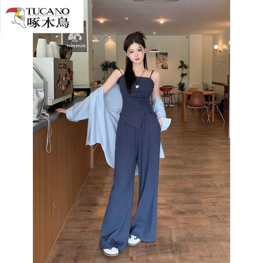Pájaro carpintero (tucano) Nuevo tamaño de verano de moda y temperamento versátil Protección solar de la camisa suelta que abraza la cintura y los pantalones rectos de las patas anchas y el conjunto de tres piezas L recomendado 100-120 Jin [Jin equivale a 0.5 kg]