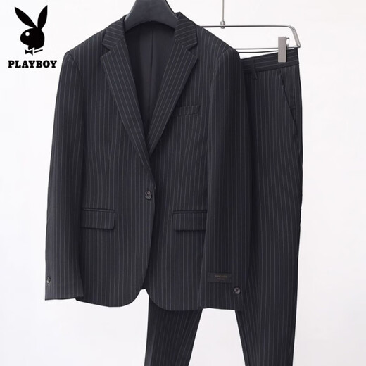 Playboy (PLAYBOY) striped suit suit men's business formal two-piece suit British trend Korean version slim small suit professional dress navy blue double-breasted suit + trousers S /46