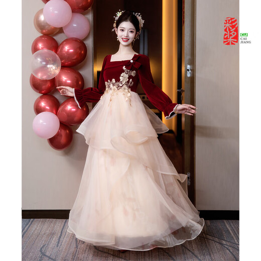 Red maternity toast dress large size fat mm bride engagement dress high waist cover belly wedding dress back door usual burgundy long sleeve F0233 XS