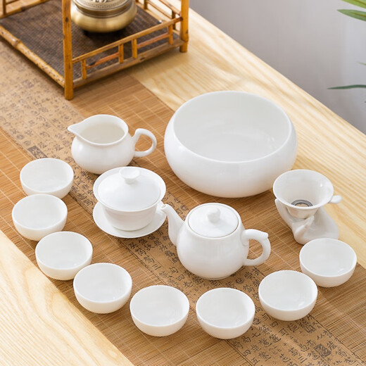 PGY mutton fat jade porcelain Kung Fu tea set complete set Chaoshan Kung Fu tea set simple household tea ceremony tea cup covered bowl teapot Magnolia cup * 6 (thin embryo small cup capacity 25ml)