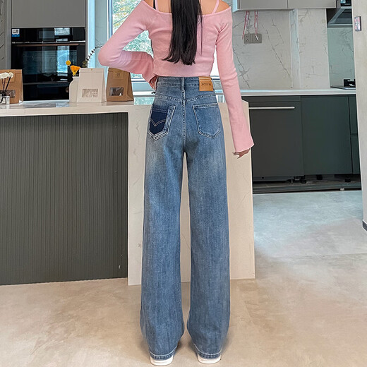 Retro Loose Wide-Bein-Jeans für Frauen 2025 Frühlings- und Sommer-Taschenschattenfarbe High-End-Casual Haos Nr. 9903 Nostalgic Blue Regular M (Empfohlen 95-110jin [Jin ist gleich 0,5 kg])