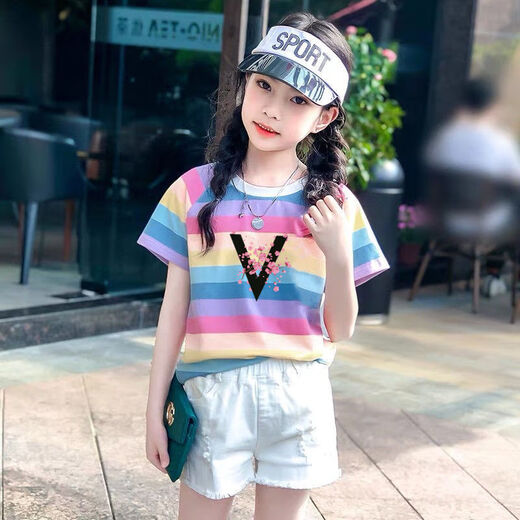 哈罗小黄鸭童装女童短袖t恤女夏装新款棉中大童条纹宽松半袖彩虹条ins 彩虹684 150 【60-75斤左右】