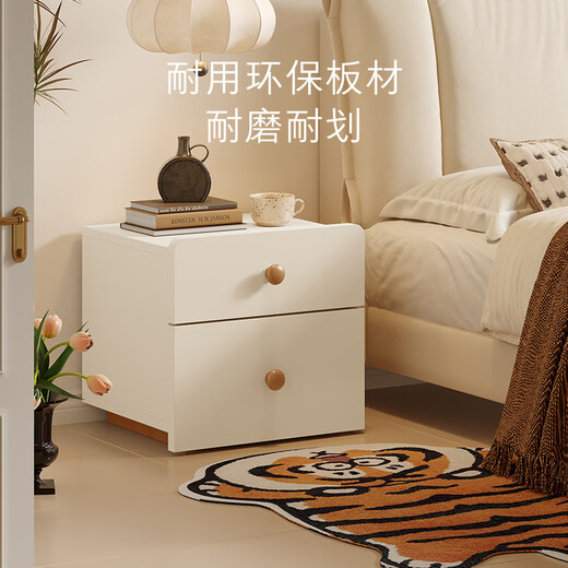 Gujia Home Moderner einfacher Nachttisch mit Holzmaserung, Griff, doppelter Zug, Aufbewahrung, Schlafzimmer-Nachttisch DS7991G, Käseweiß