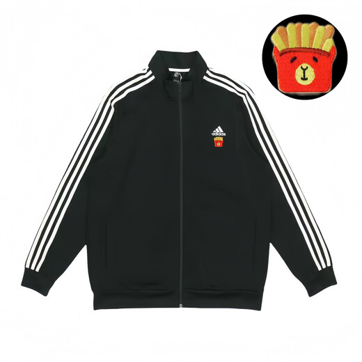 阿迪达斯 （adidas）定制服装 刺绣薯条卡皮巴拉条纹运动立领飞行员夹克外套 男女同款 黑色 S